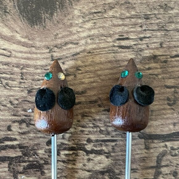 Vintage Danish MCM Teak Wood Handle Cocktail Picks Forks Set of 6 Cat Mouse Owl - Picture 5 of 8